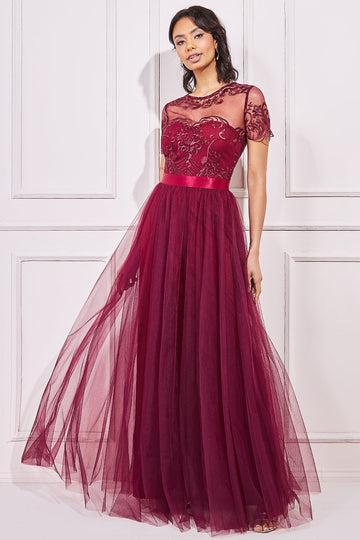 Embroidered Mesh With Plain Mesh Maxi Dress Goddiva